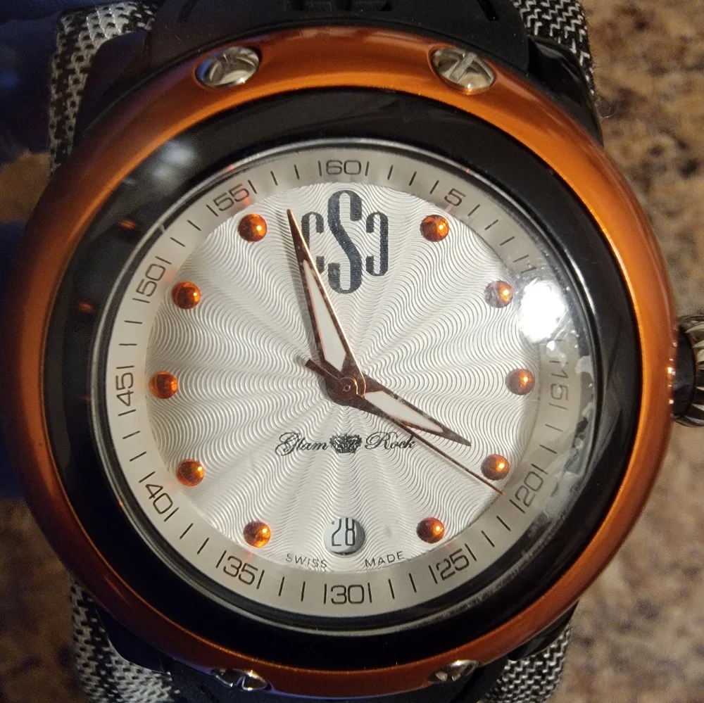 Glam Rock Miami Orange Bezel Swiss‎ Made Black Silicone Strap Watch 46mm